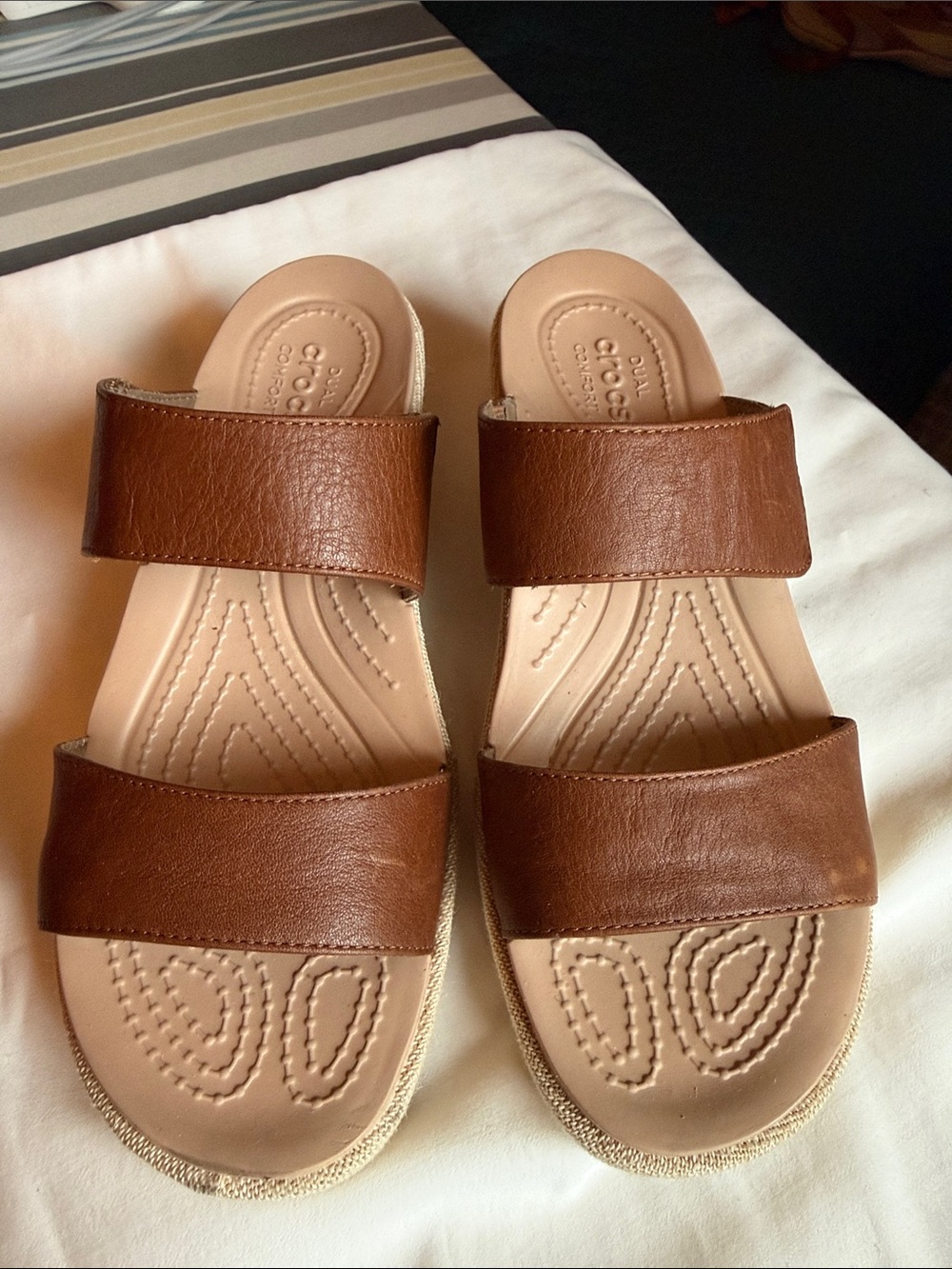 CROCS women's Brown Dual-Strap Leather-Look wedge Sandals